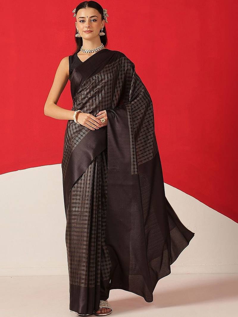 Black woven silk blend ethnic saree with blouse piece