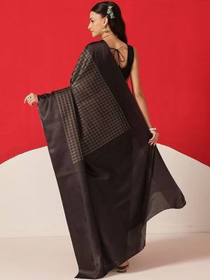 Black woven silk blend ethnic saree with blouse piece 2