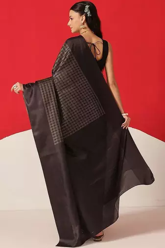 Black woven silk blend ethnic saree with blouse piece