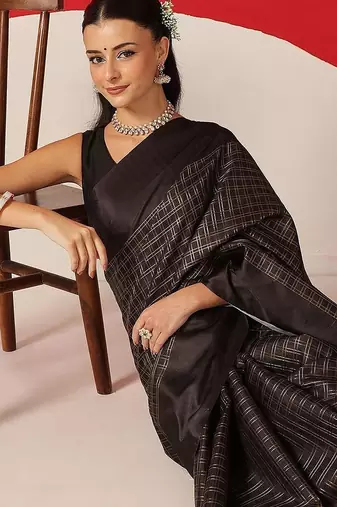 Black woven silk blend ethnic saree with blouse piece