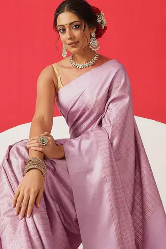 Lavender woven silk blend ethnic saree with blouse piece