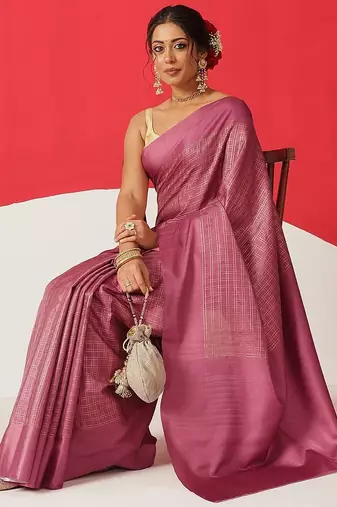 Purple woven silk blend ethnic saree with blouse piece