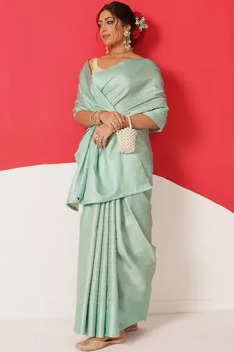 Sea green woven silk blend ethnic saree with blouse piece