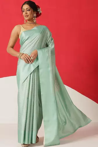 Sea green woven silk blend ethnic saree with blouse piece