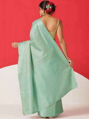 Sea green woven silk blend ethnic saree with blouse piece 3