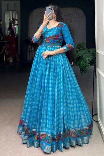 Fabulous Sky Blue Zari Weaving Chanderi Festive Wear Gown With Koti