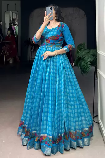 Fabulous Sky Blue Zari Weaving Chanderi Festive Wear Gown With Koti