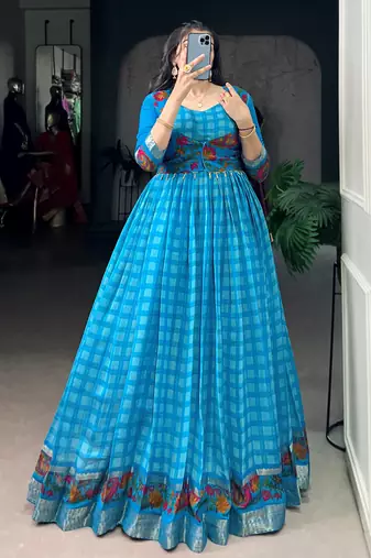 Fabulous Sky Blue Zari Weaving Chanderi Festive Wear Gown With Koti