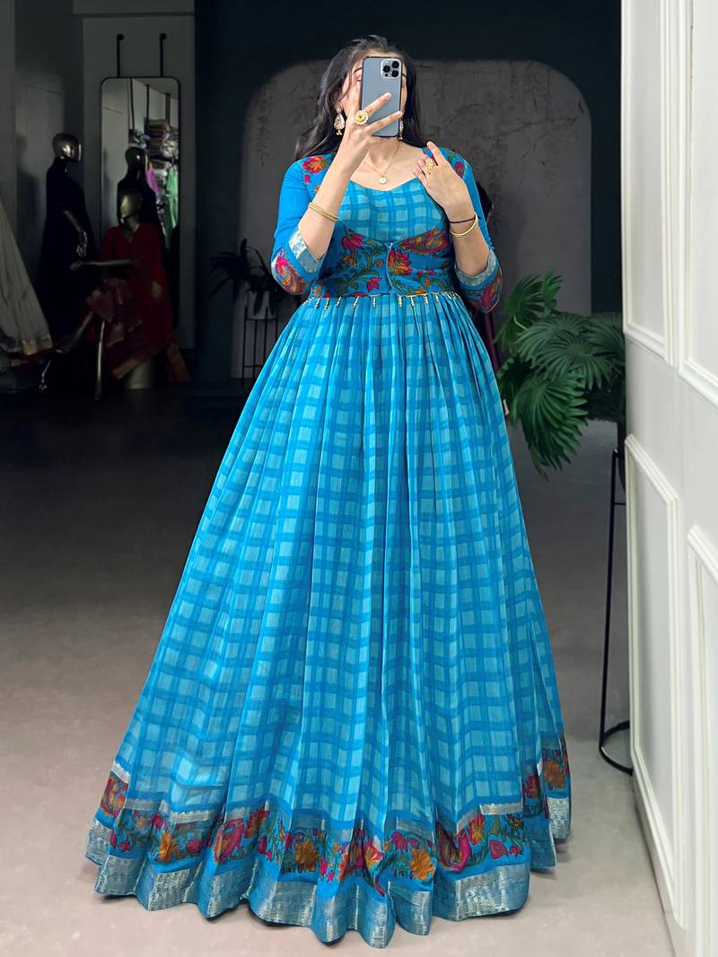 Fabulous Sky Blue Zari Weaving Chanderi Festive Wear Gown With Koti