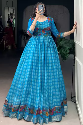 Fabulous Sky Blue Zari Weaving Chanderi Festive Wear Gown With Koti