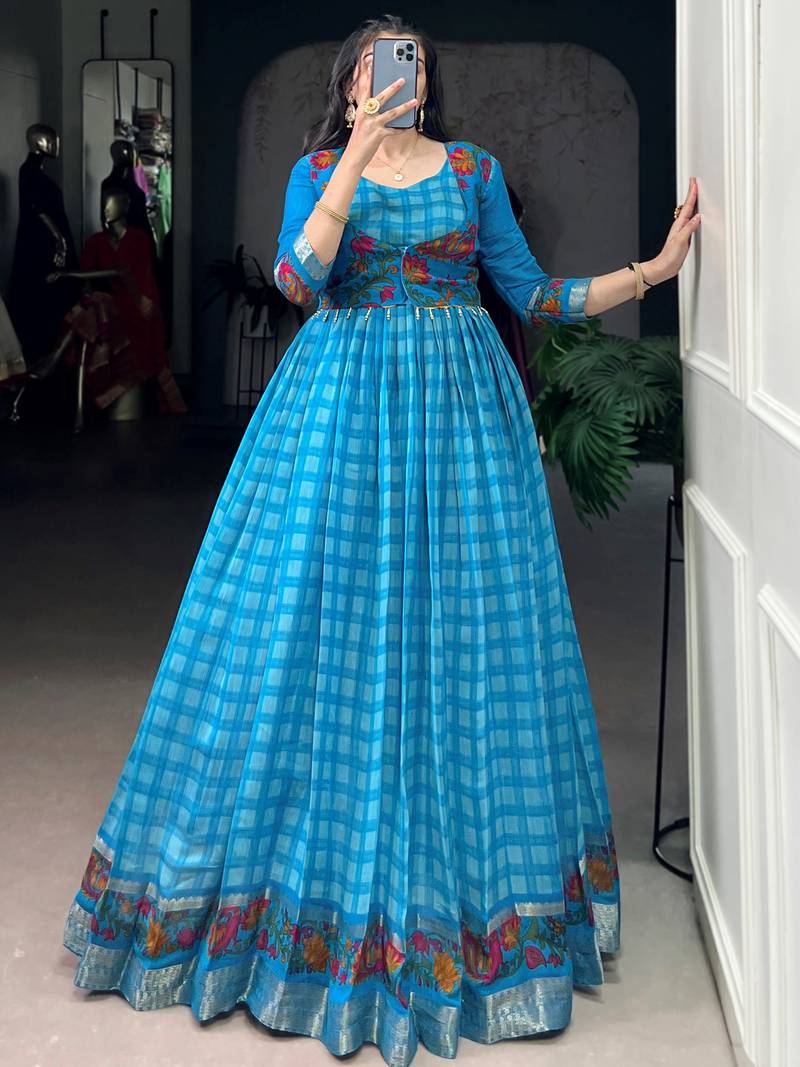 Fabulous Sky Blue Zari Weaving Chanderi Festive Wear Gown With Koti