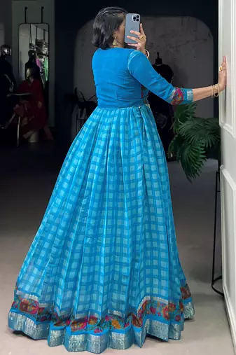 Fabulous Sky Blue Zari Weaving Chanderi Festive Wear Gown With Koti