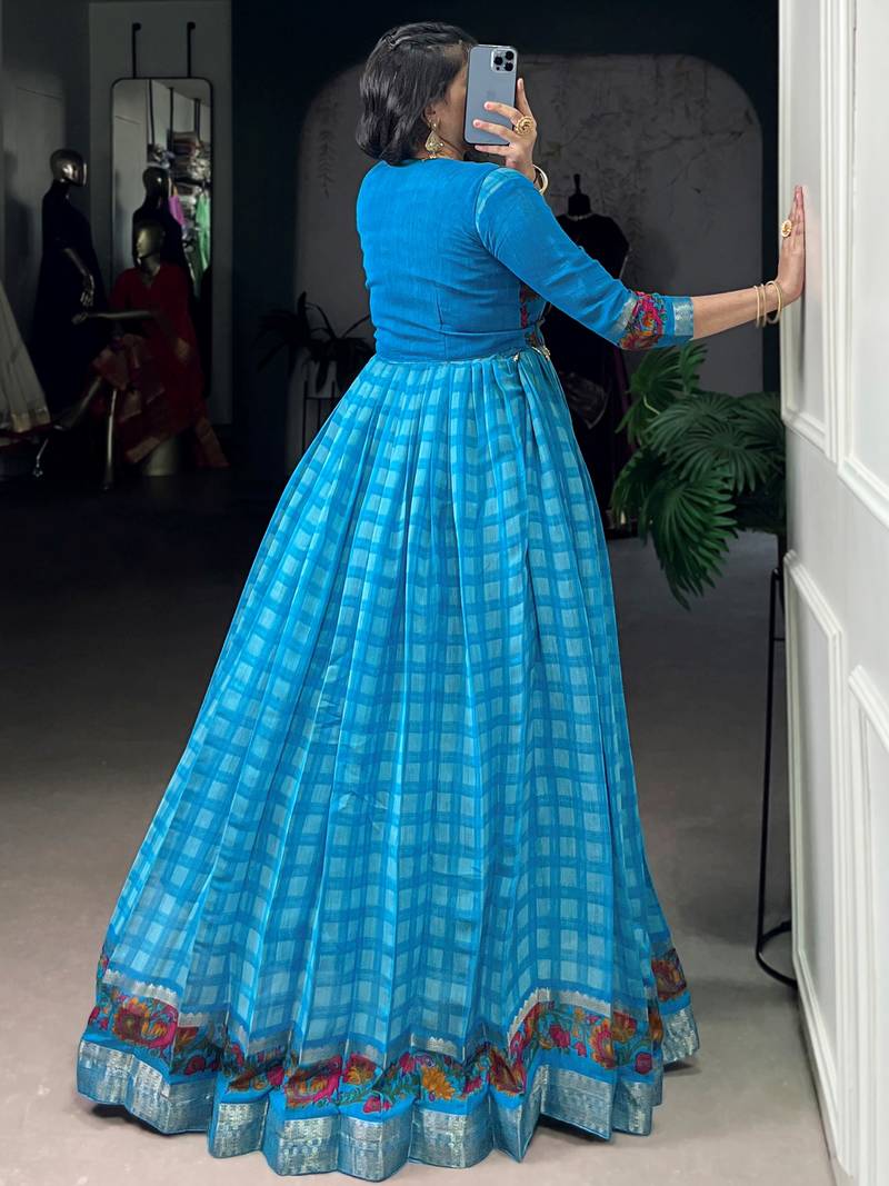 Fabulous Sky Blue Zari Weaving Chanderi Festive Wear Gown With Koti