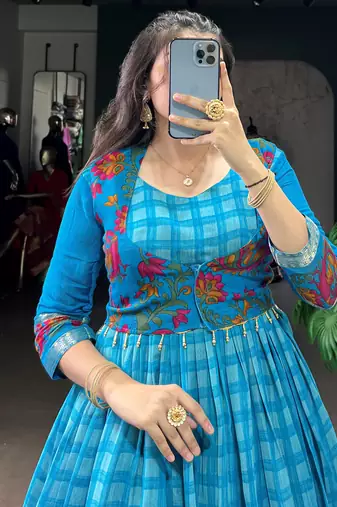 Fabulous Sky Blue Zari Weaving Chanderi Festive Wear Gown With Koti
