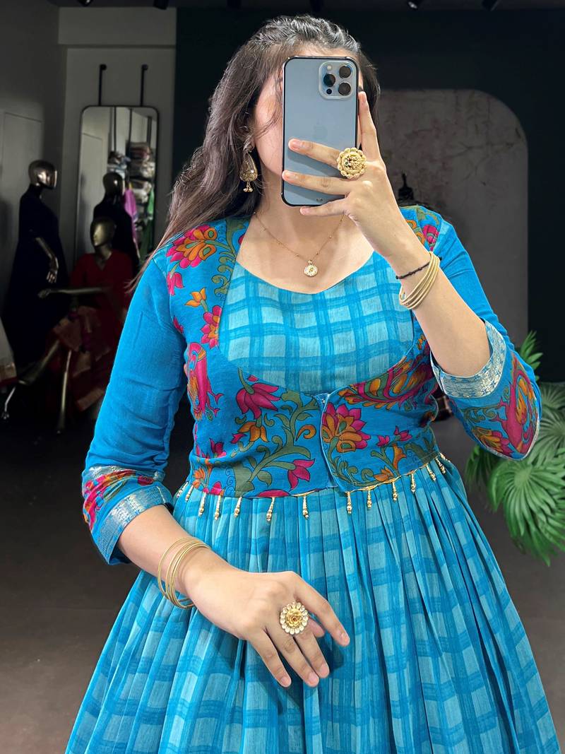 Fabulous Sky Blue Zari Weaving Chanderi Festive Wear Gown With Koti