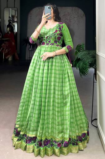 Stunning Green Printed Chanderi Event Wear Gown With Koti