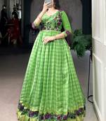 Stunning Green Printed Chanderi Event Wear Gown With Koti