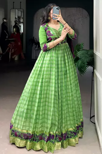 Stunning Green Printed Chanderi Event Wear Gown With Koti