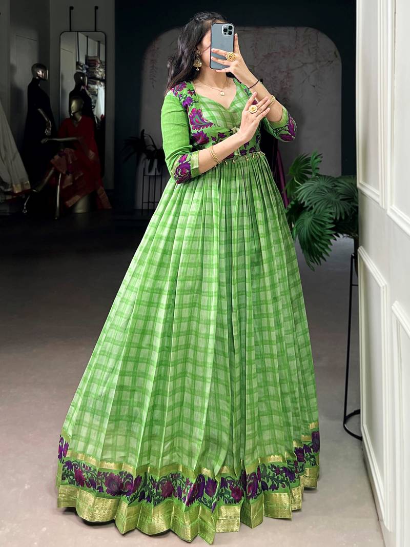 Stunning Green Printed Chanderi Event Wear Gown With Koti