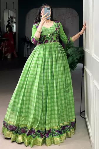Stunning Green Printed Chanderi Event Wear Gown With Koti
