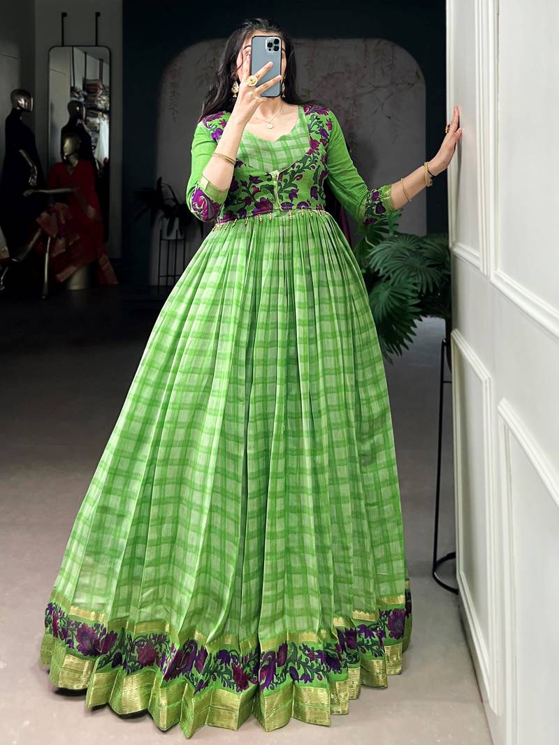 Stunning Green Printed Chanderi Event Wear Gown With Koti