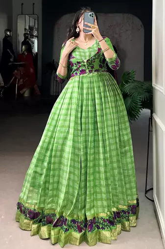 Stunning Green Printed Chanderi Event Wear Gown With Koti