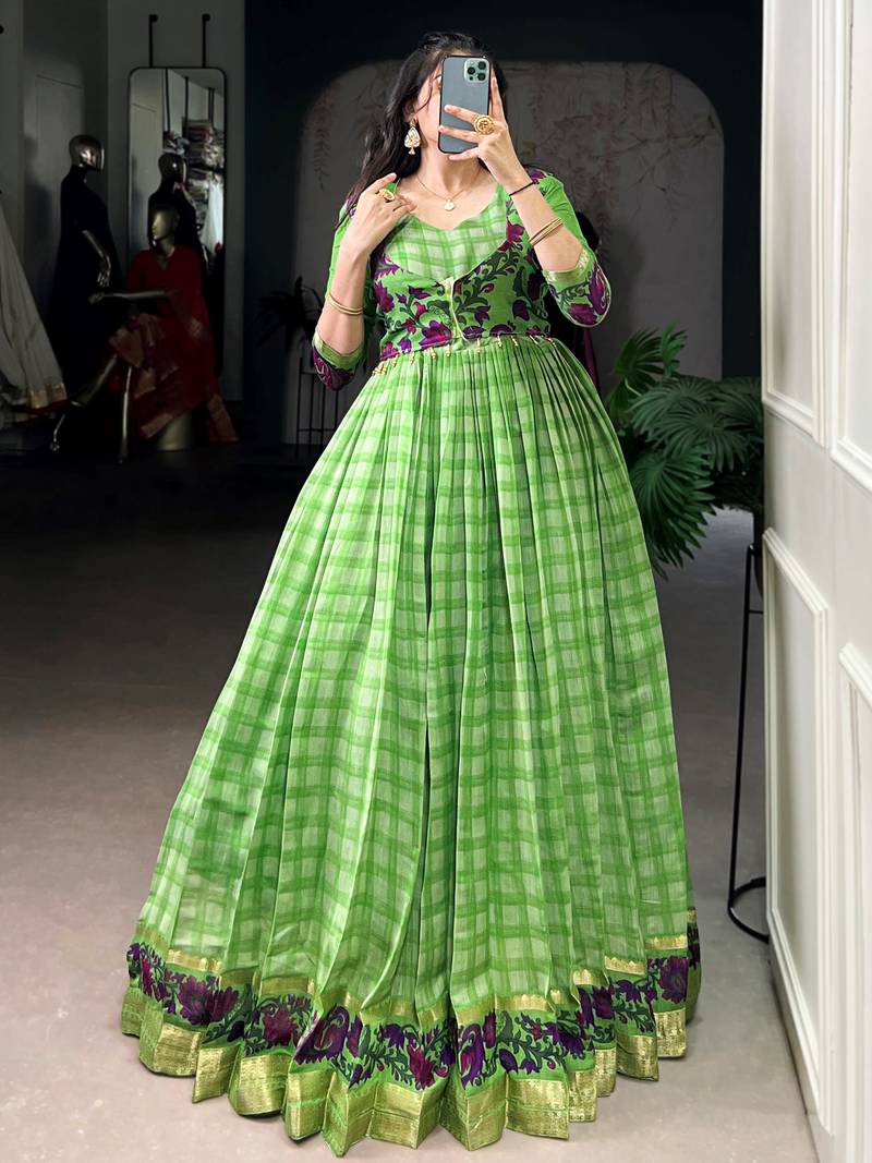 Stunning Green Printed Chanderi Event Wear Gown With Koti