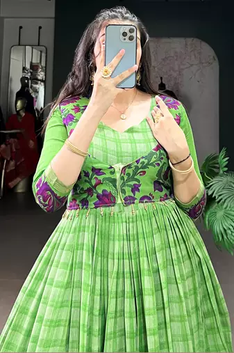 Stunning Green Printed Chanderi Event Wear Gown With Koti