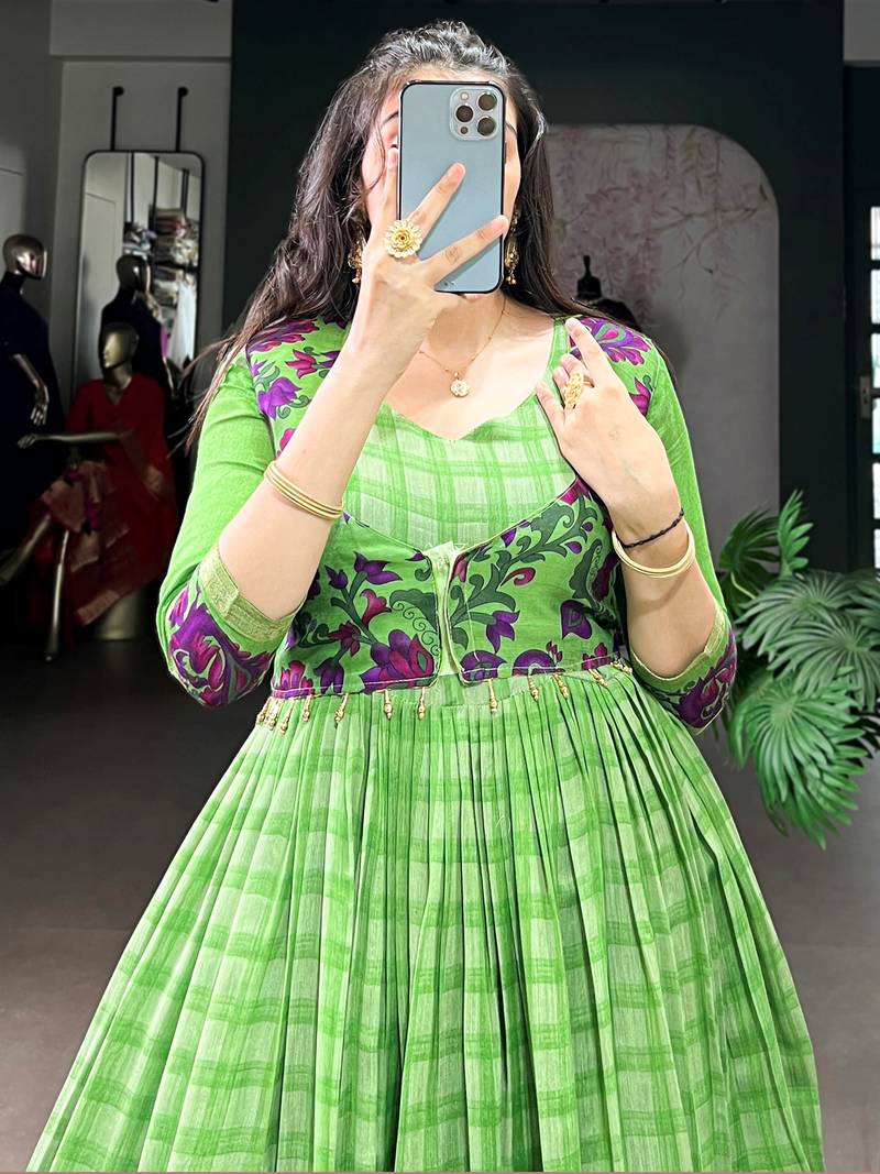 Stunning Green Printed Chanderi Event Wear Gown With Koti