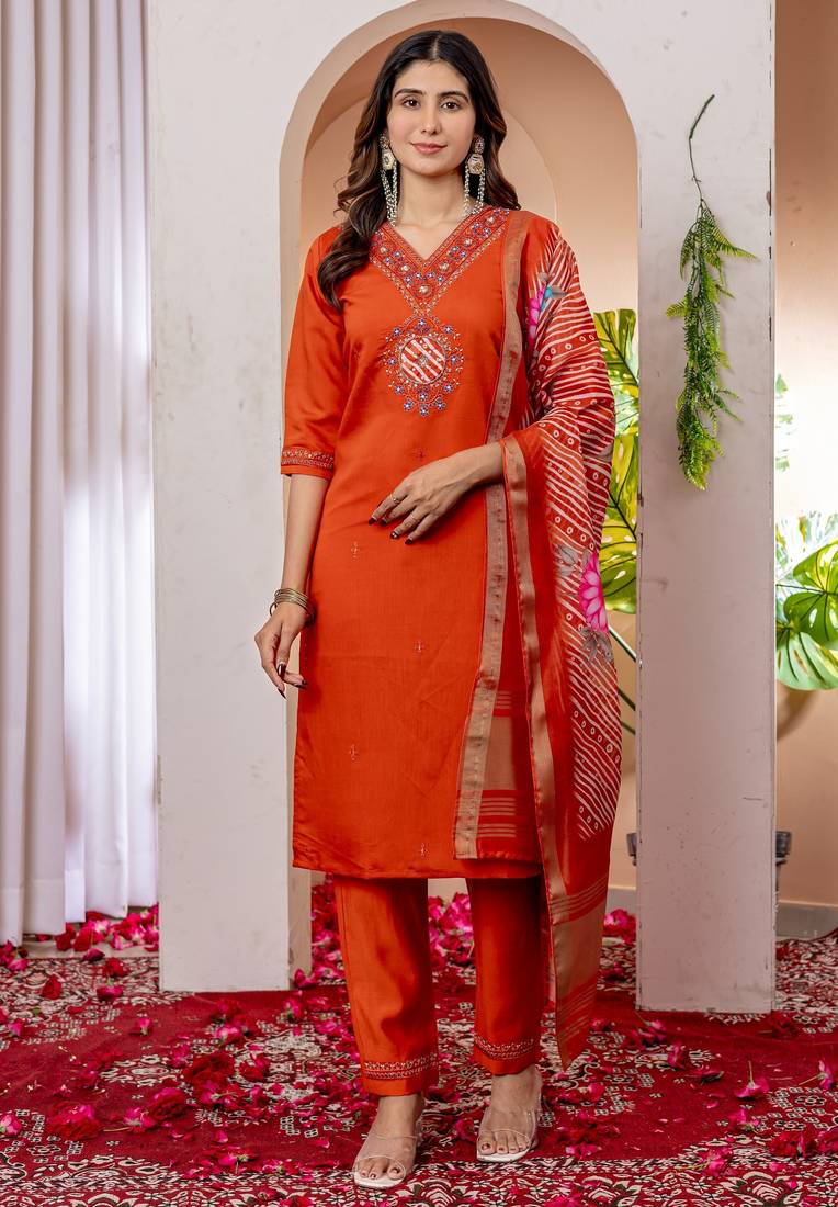 Womens orange embroidered kurta pant set