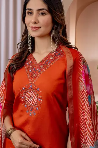 Womens orange embroidered kurta pant set