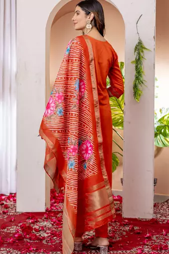 Womens orange embroidered kurta pant set