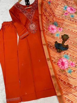 Womens orange embroidered kurta pant set 4