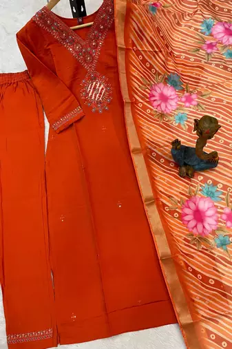 Womens orange embroidered kurta pant set