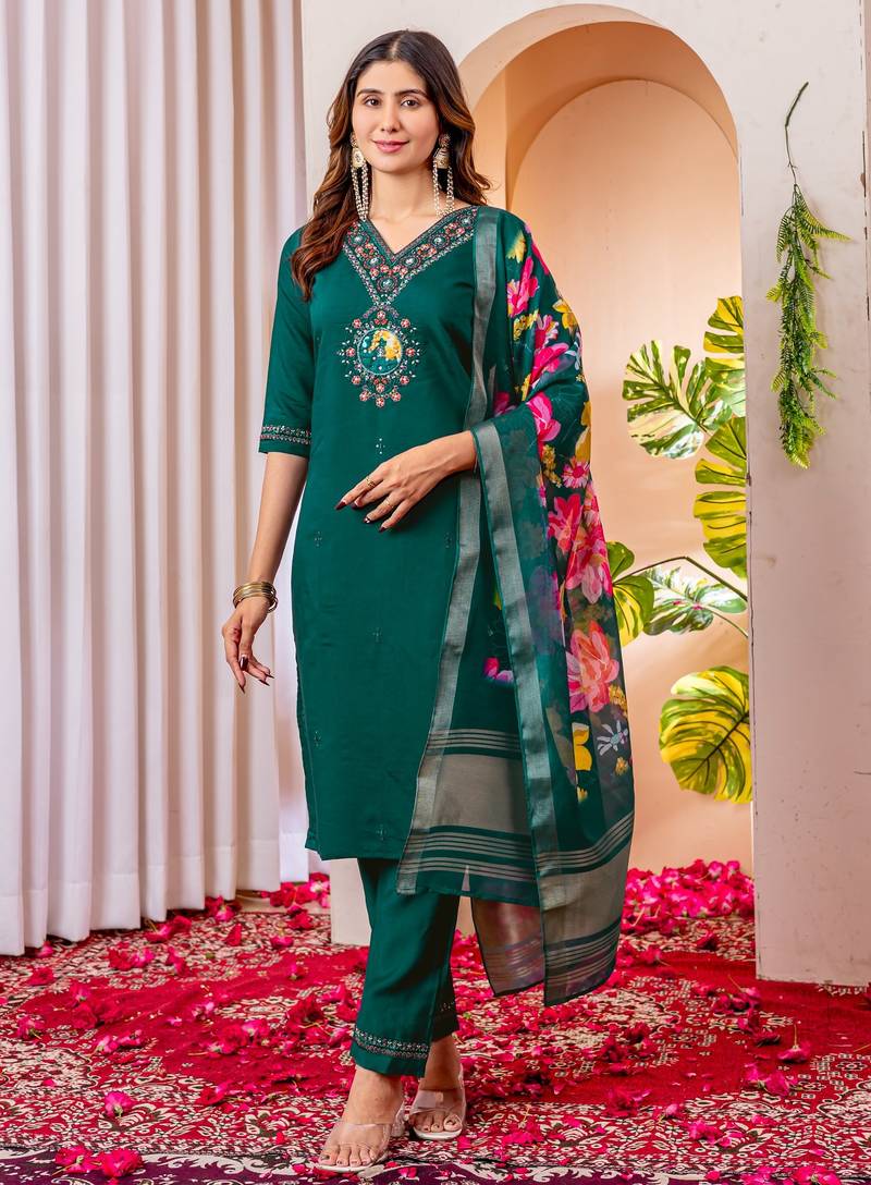 Womens rama green embroidered kurta pant set