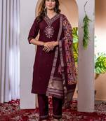 Womens wine embroidered kurta pant set