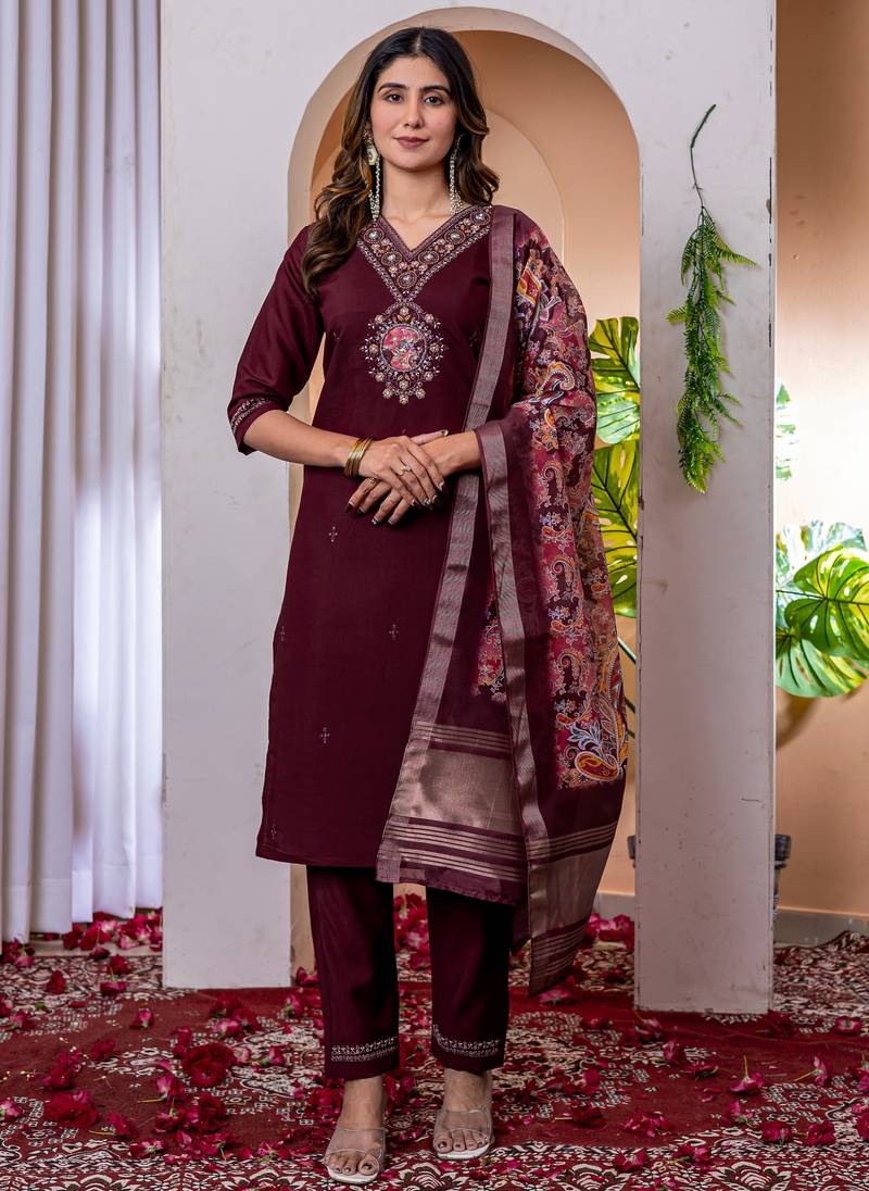 Womens wine embroidered kurta pant set