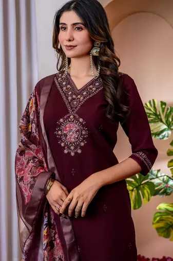 Womens wine embroidered kurta pant set