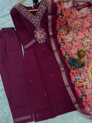 Womens wine embroidered kurta pant set 4