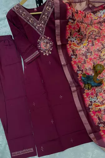 Womens wine embroidered kurta pant set