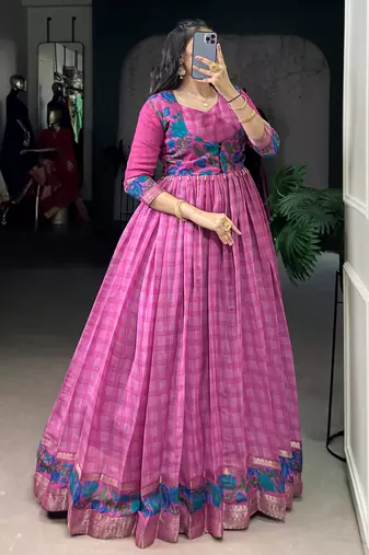 Glowing Pink Checks Printed Chanderi Traditional Gown With Koti