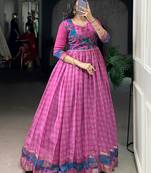 Glowing Pink Checks Printed Chanderi Traditional Gown With Koti