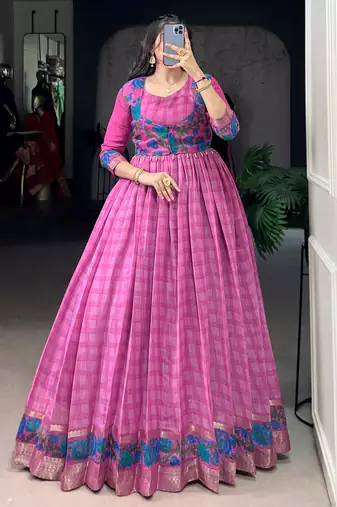 Glowing Pink Checks Printed Chanderi Traditional Gown With Koti