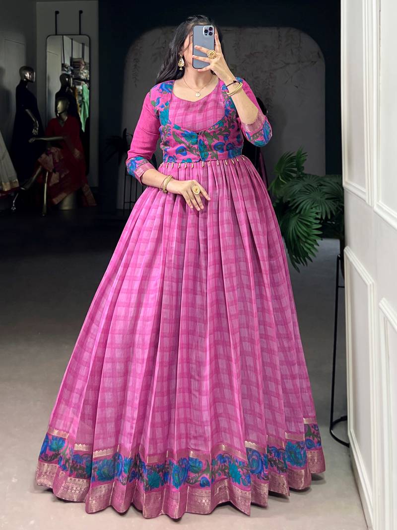Glowing Pink Checks Printed Chanderi Traditional Gown With Koti