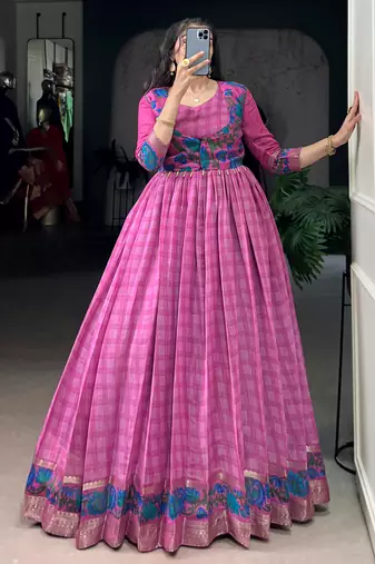 Glowing Pink Checks Printed Chanderi Traditional Gown With Koti