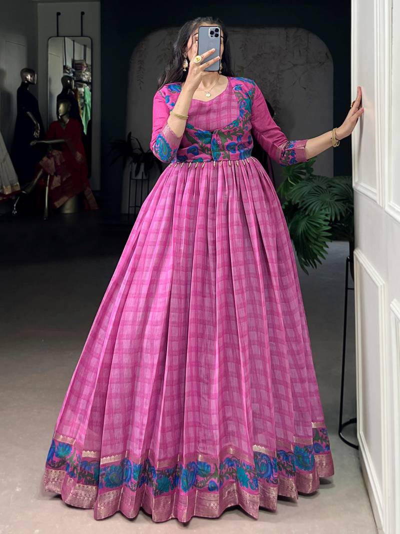 Glowing Pink Checks Printed Chanderi Traditional Gown With Koti