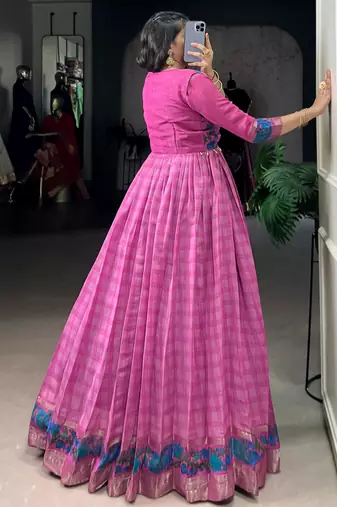 Glowing Pink Checks Printed Chanderi Traditional Gown With Koti