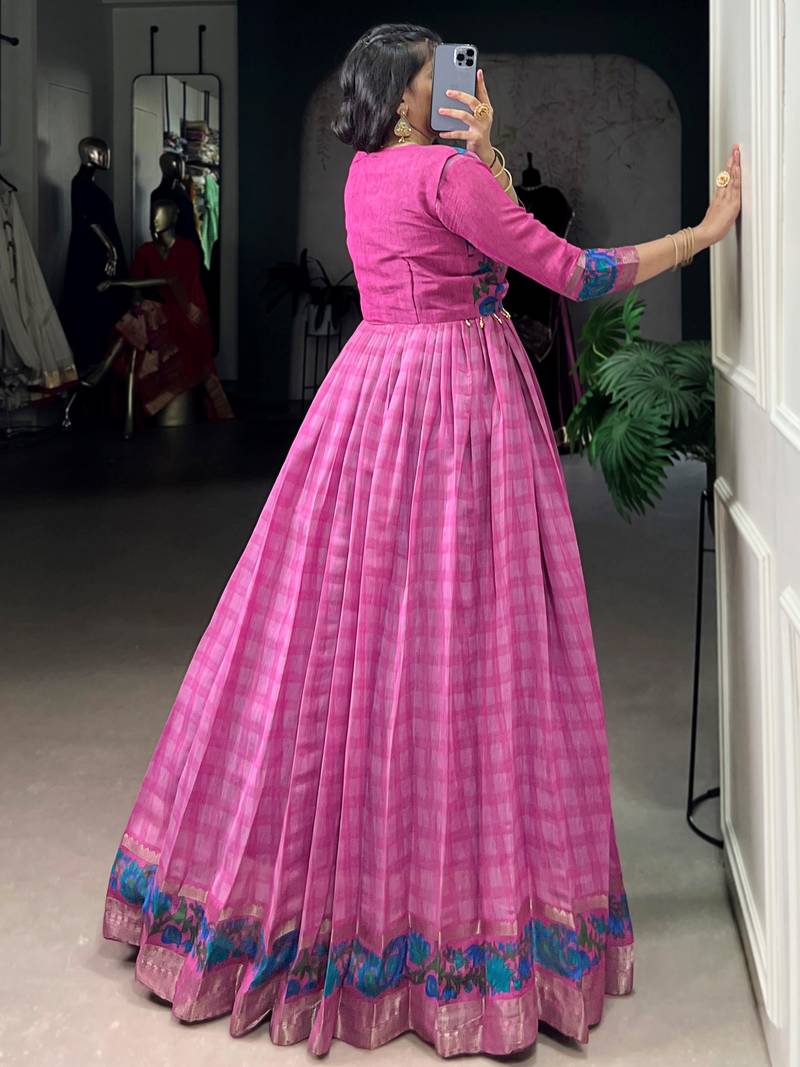 Glowing Pink Checks Printed Chanderi Traditional Gown With Koti