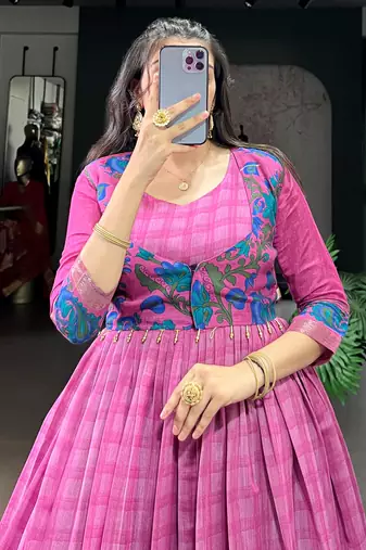 Glowing Pink Checks Printed Chanderi Traditional Gown With Koti