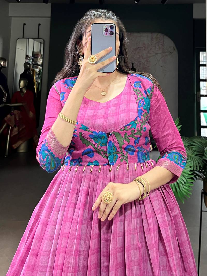 Glowing Pink Checks Printed Chanderi Traditional Gown With Koti